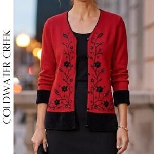 COLDWATER CREEK Red Beaded Floral Cardigan Sweater M Chenille Trim
